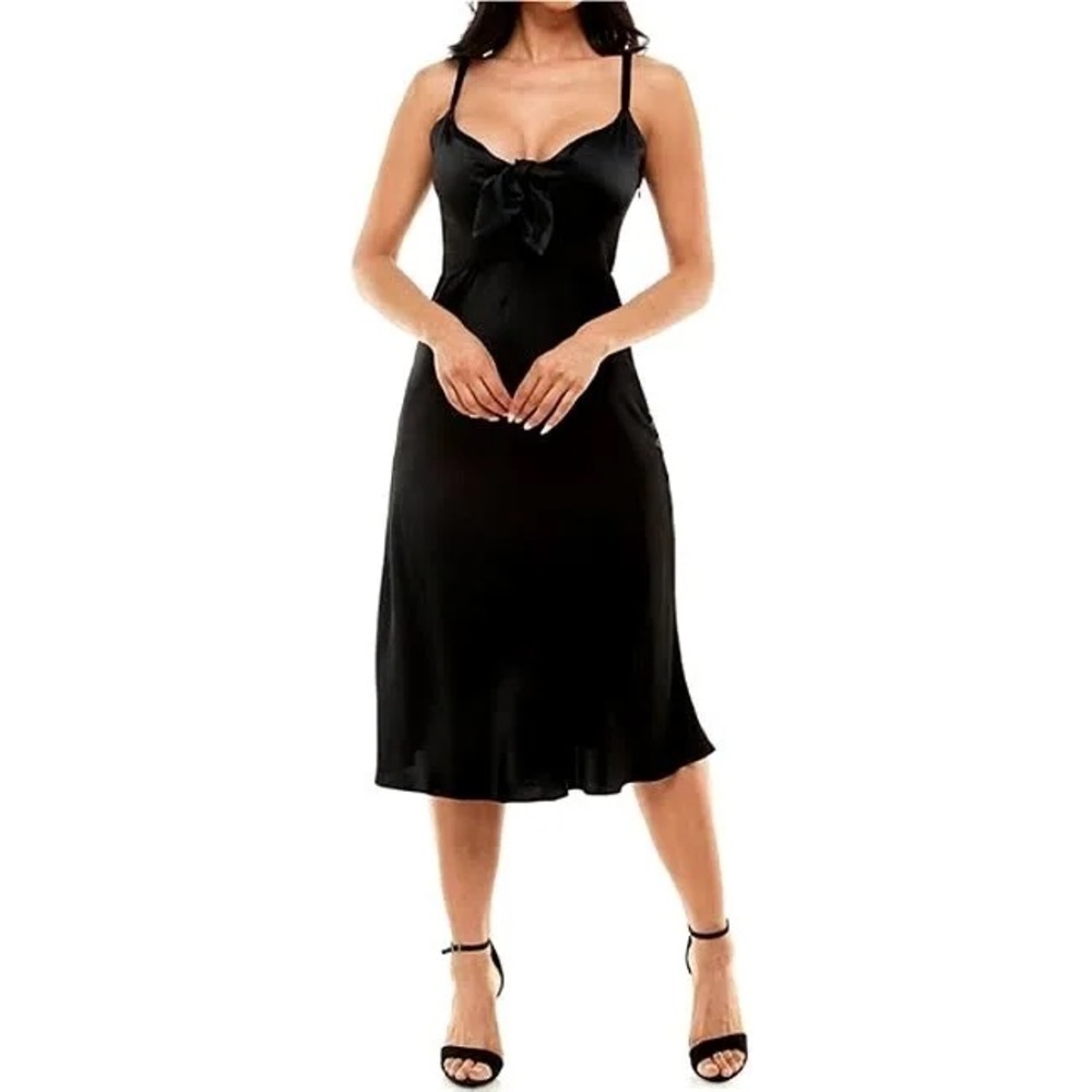 Socialite Satin Tie Front Sleeveless Midi Dress Size Medium in Black